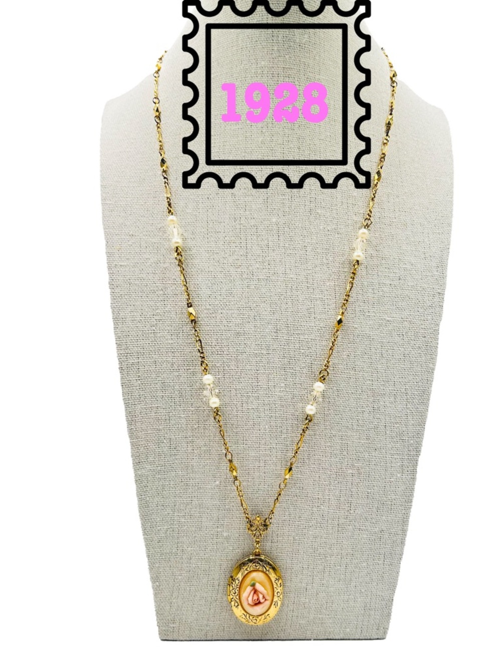 Vintage 1928 Jewelry Co. Rose Locket Necklace, Gold Tone Porcelain Rose
